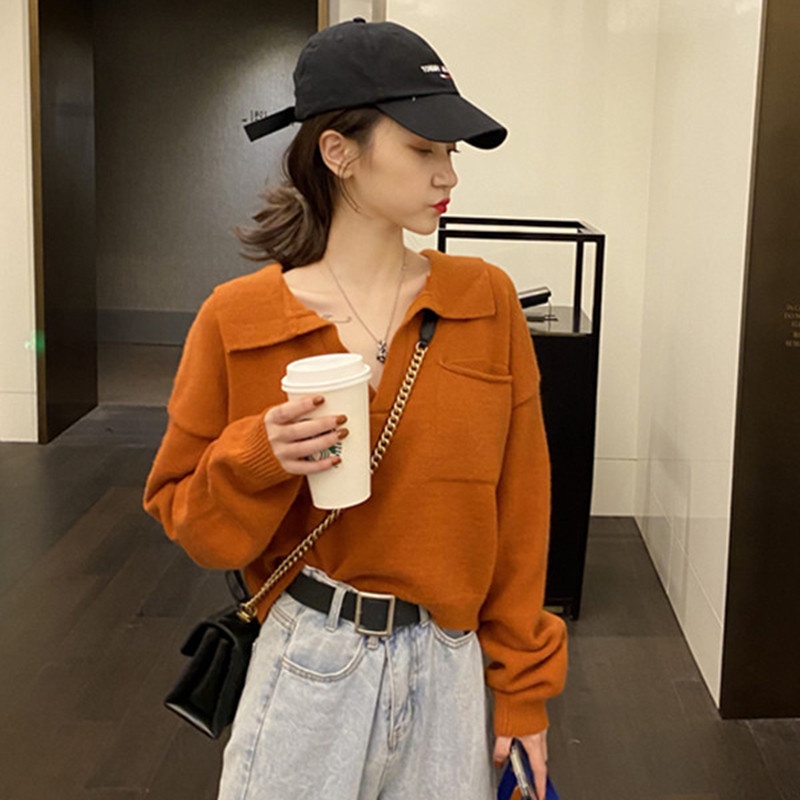 Áo sweater SUXI cổ polo dáng rộng phong cách vintage Hàn Quốc cho nữ