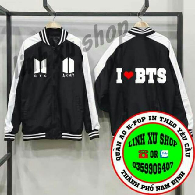 Áo nỉ bóng chày BTS ARMY phối tay raplang dáng bomber in theo yêu cầu