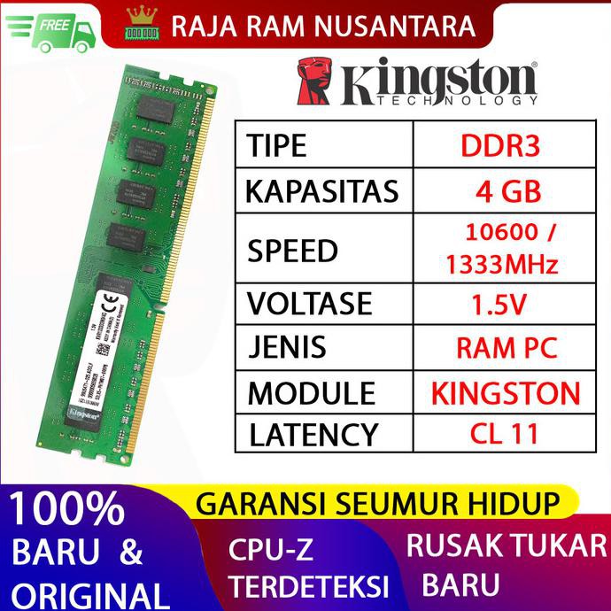 Ram Kingston Ddr3 Pc Ram 4gb 10600 / 1333mhz 1.5v