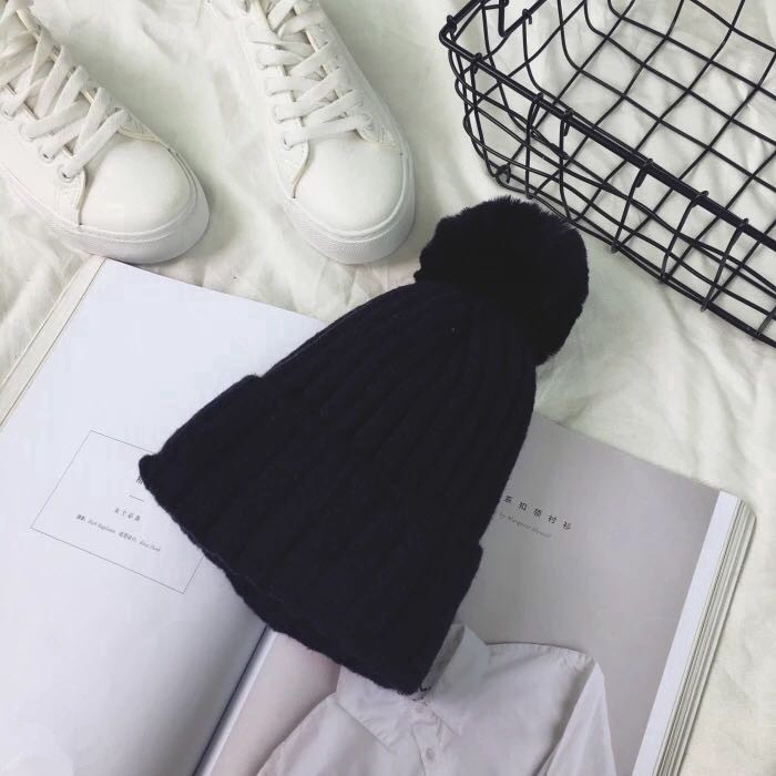 Simple, solid color woolen hat with rabbit ball, candy color, warm Japanese fashion style