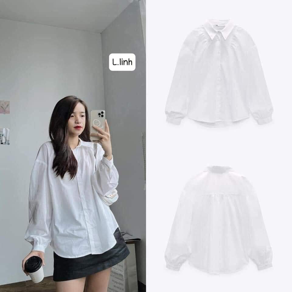 [ảnh thật-sẵn] Áo sơ mi trắng nữ dúm bọc vai tay bồng