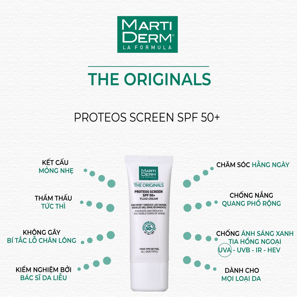 Kem chống nắng phổ rộng MartiDerm The Originals Proteos Screen SPF50 bảo vệ da toàn diện cho làn da dầu, da nhạy cảm