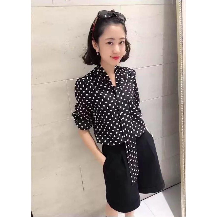 áo sơ mi chấm bi buộc nơ