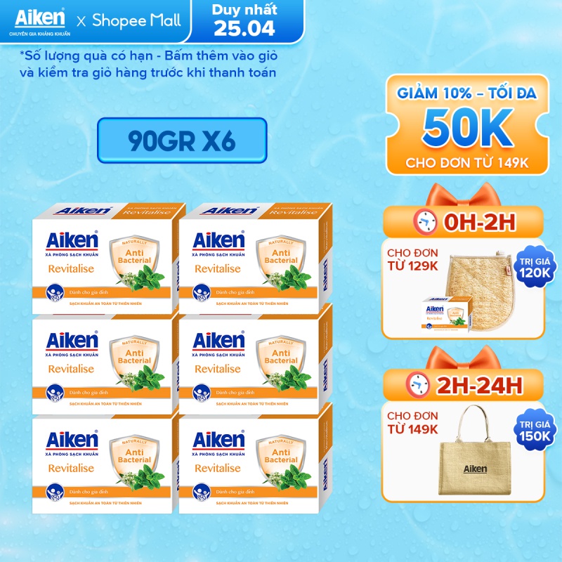 [Mã COSBDAG5 giảm 8% đơn 150k] Aiken Combo 6 Xà Phòng Sạch Khuẩn Chiết Xuất Bạc Hà 90G/hộp