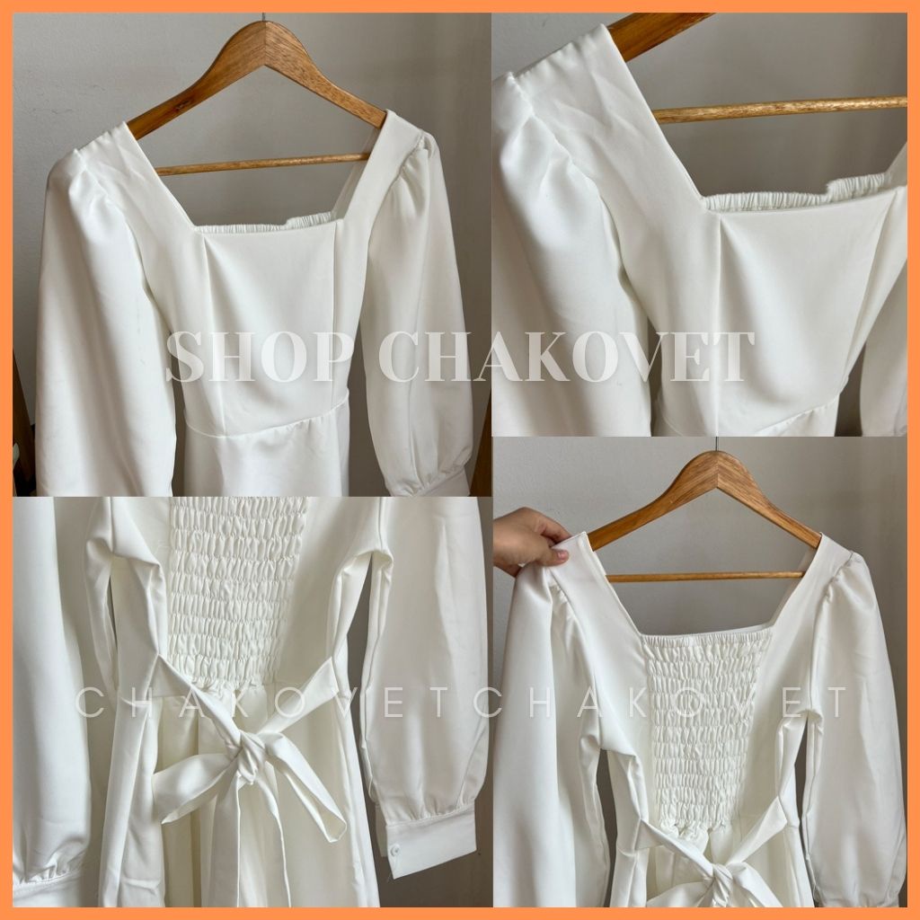 Đầm nữ cổ vuông màu trắng dài tay 2 lớp V8133, kiểu váy nữ dáng dài thanh lịch style hànquốc thiết kế chun sau có đai eo | BigBuy360 - bigbuy360.vn