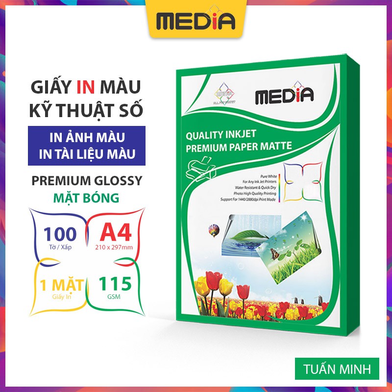 Giấy In Ảnh Media 1 Mặt Bóng A4 115gsm 100 tờ