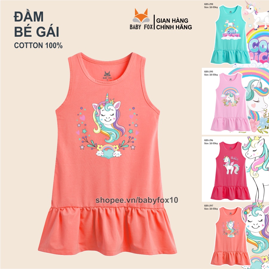 Đầm thun bé gái 100% cotton loại tốt, thương hiệu BABY FOX, in hình pony, size nhỏ, trung, đại i