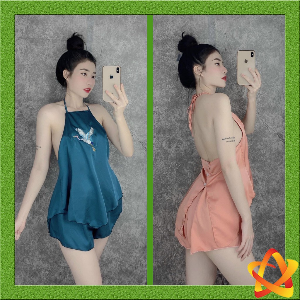 Đồ ngủ sexy 💋Freeship💋 Đồ ngủ sexy thêu hạc, áo yếm Freesize dưới 60kg