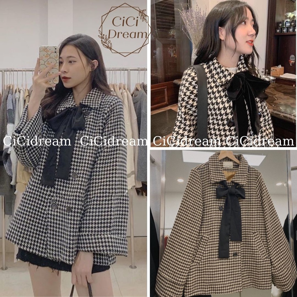 Áo khoác nữ dạ kẻ viền thừng 2 lớp dáng ngắn cổ thắt nơ babydoll, áo khoác mùa đông nữ 2 lớp dạ kẻ form rộng dày dặn