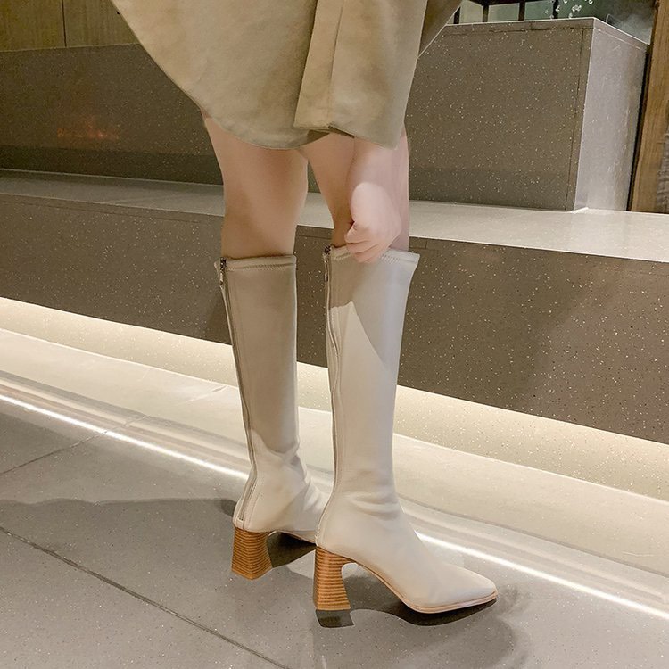 Bốt nữ Magann Boots 7 Phân cao gót đế gỗ đùi da mềm kéo khóa sau cá tính