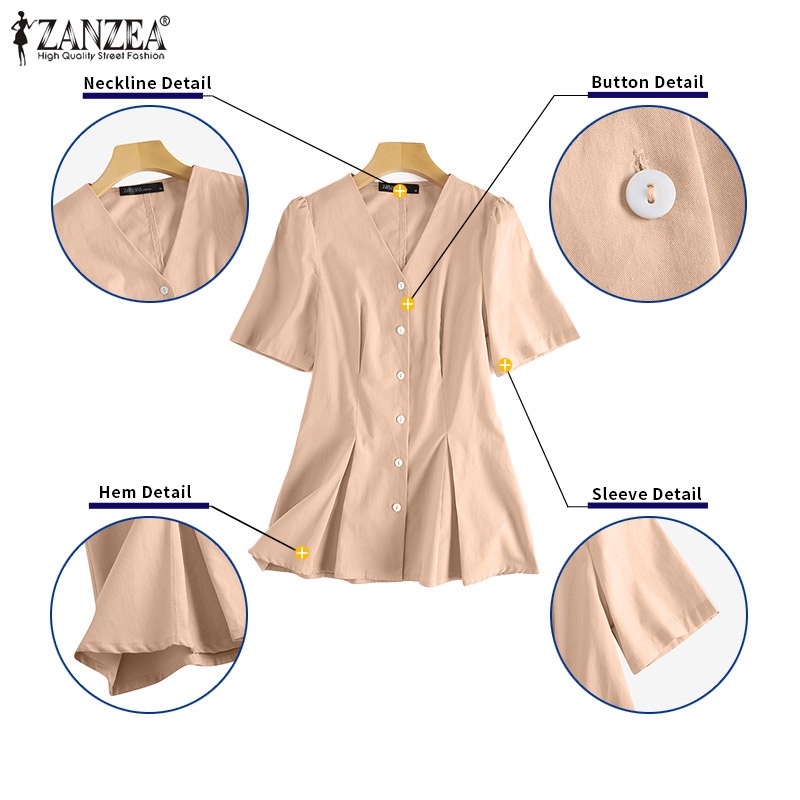 Áo sơ mi ZANZEA tay phồng cổ chữ V phong cách Hàn Quốc thanh lịch dành cho nữ