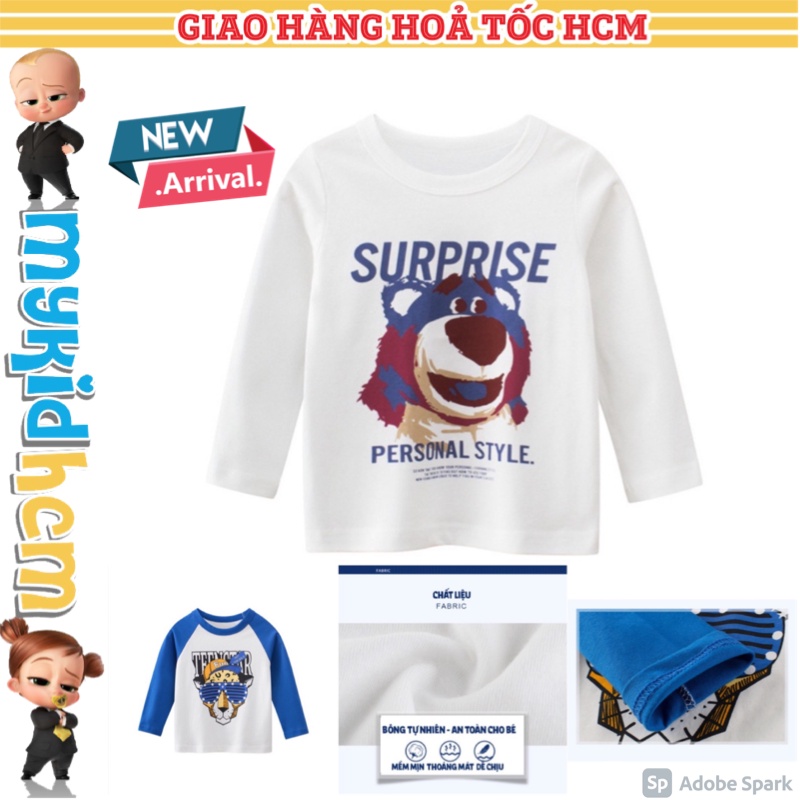 Áo thun Cotton tay dài tay ghép bé trai VINTAGE FUN TIGER SURPRISE BEAR CAO CẤP MẪU MỚI THU ĐÔNG 2021