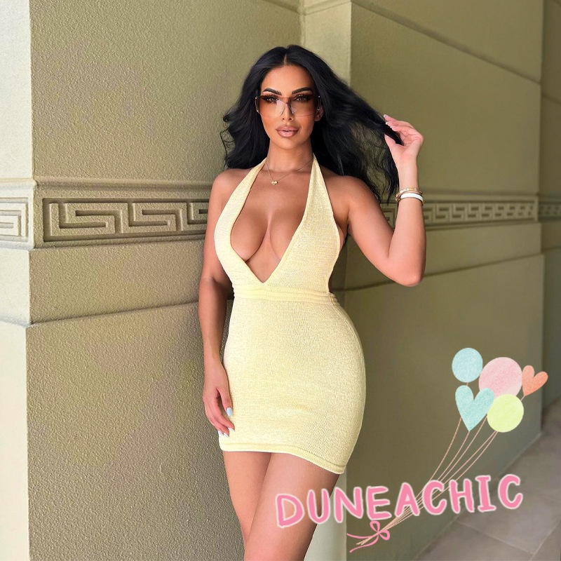 DUNEA Đầm sát nách cổ chữ V thiết kế hở lưng quyến rũ