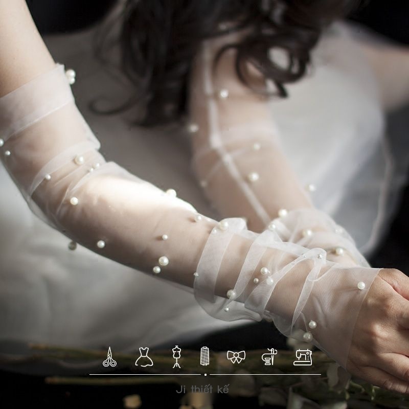 [Aishang Trang Sức Đẹp] Găng Tay Cô Dâu Màu Trắng Đính Ngọc Trai Găng Tay Gạc Dáng Ngắn Dùng Khi Chụp Ảnh Du