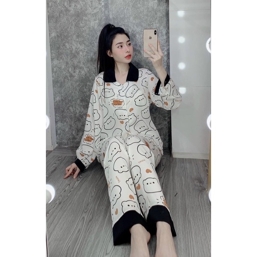 Bộ Ngủ Pyjama Lụa Mango Cổ Sen Tay Dài Cao Cấp