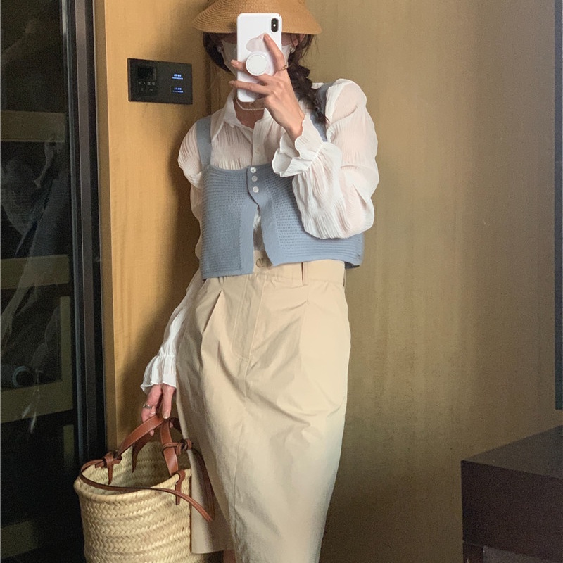 SUXI Set Áo Sơ Mi Dài Tay Trong Suốt + Áo Len Không Tay Phong Cách Hàn Quốc Dành Cho Nữ