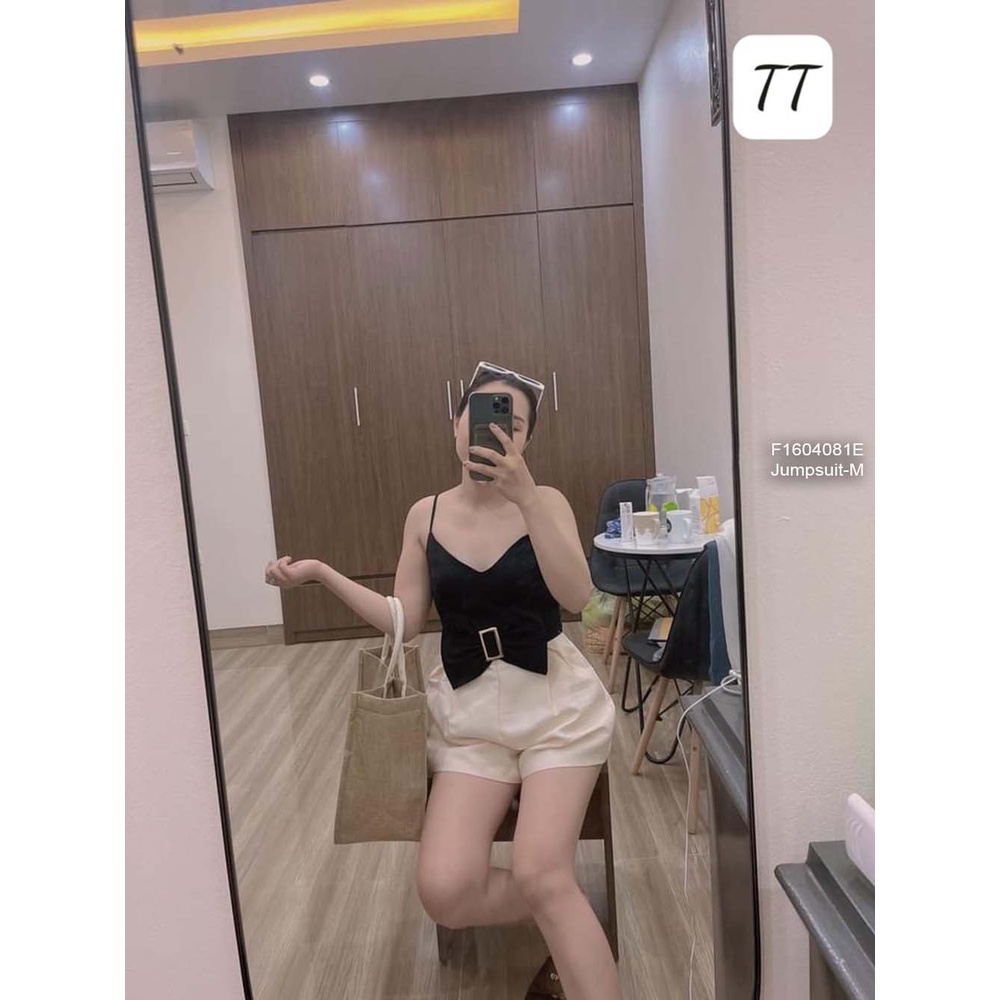 Jumpsuit short phối màu nơ eo gài khoen 2 dây!