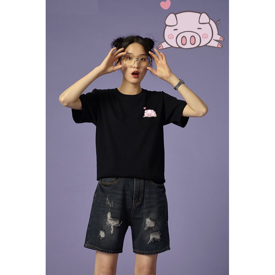 [Hàng Xịn, Gía Tốt] Áo Phông Thun Nữ Tay Ngắn Icon Heo Hàn Quốc - Unisex - Cotton - Mã AT008