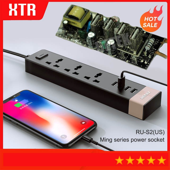 Ổ Cắm Điện 3 Ổ Cắm, 4 USB, Chống Cháy, Chính Hãng REMAX, Ổ Cắm Thông Minh Đa Năng REMAX RU-S2, Dài 1.8m