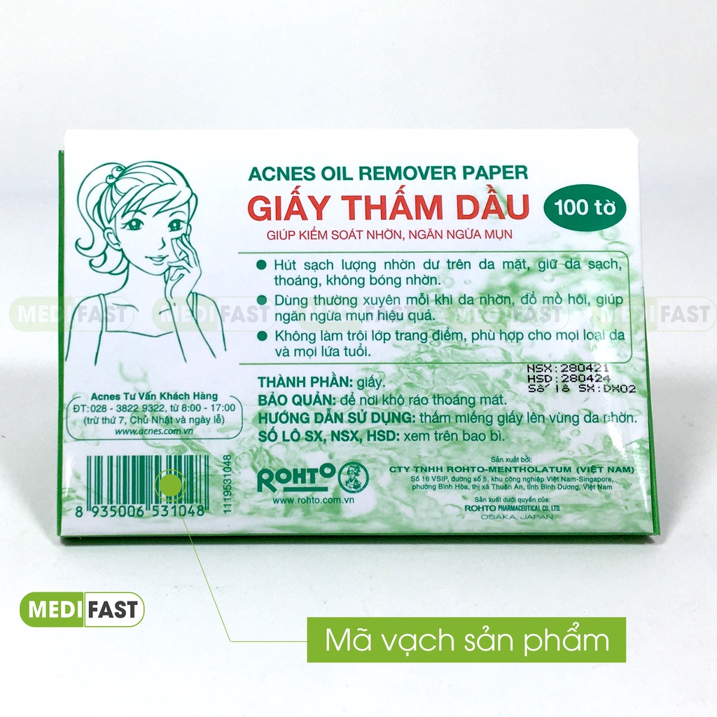 Giấy thấm dầu Acnes - Chính hãng từ Rohto - Kiểm soát nhờn, ngăn ngừa mụn, thông thoáng lỗ chân lông