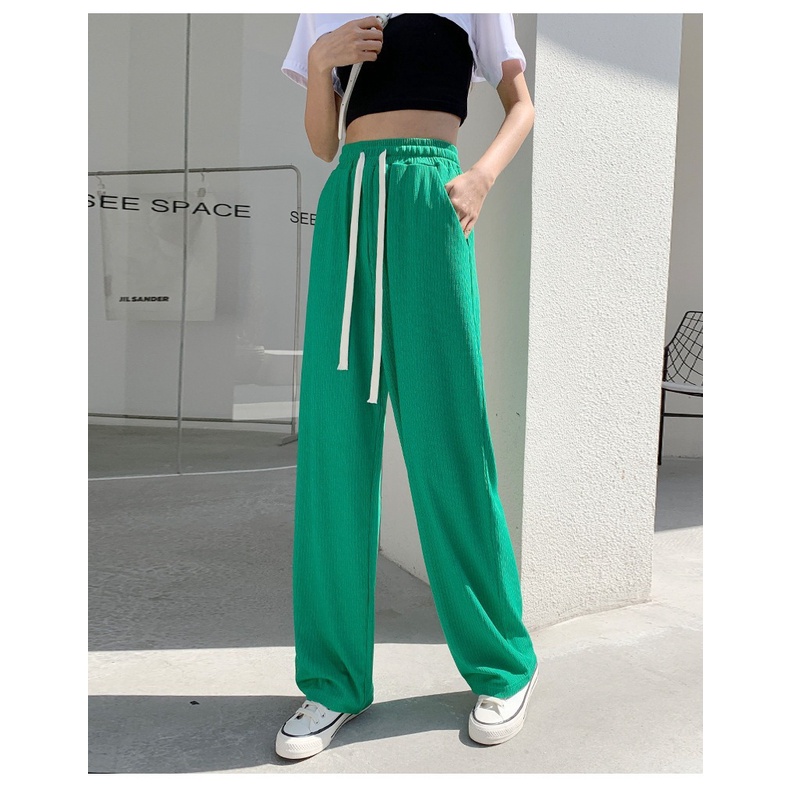 Quần dài đi biển lưng cao ống rộng màu trơn phối dây rút ống rộng thời trang dành cho nữ mùa hè