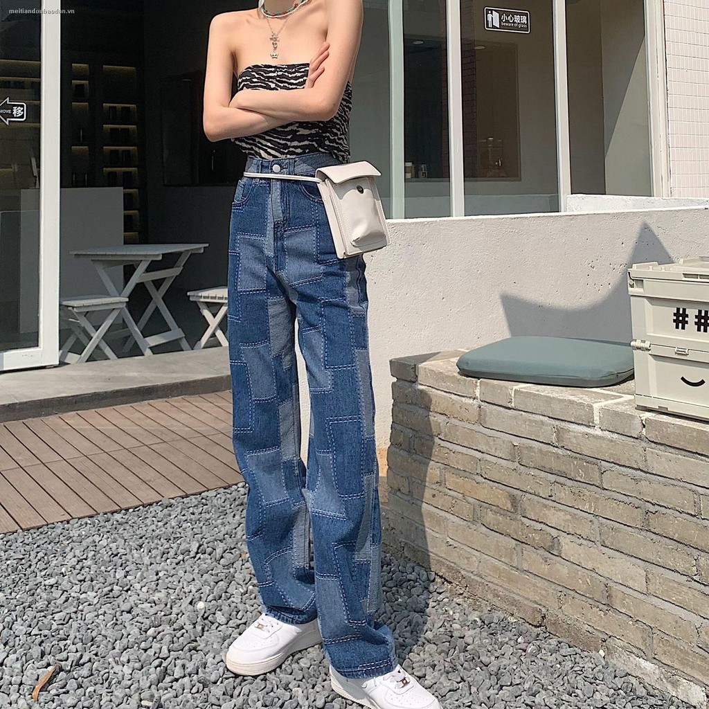 ⊕✎Plaid patch loose high waist wide leg pants jeans women 2021 new design sense street personality trend