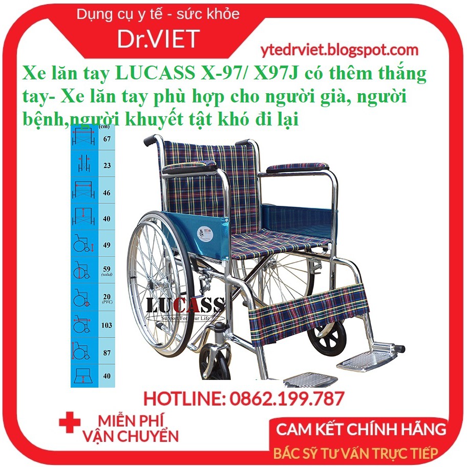 Xe lăn tay LUCASS X-97/ X97J có thêm thắng tay- Xe lăn tay phù hợp cho người già, người bệnh,người khuyết tật khó đi lại