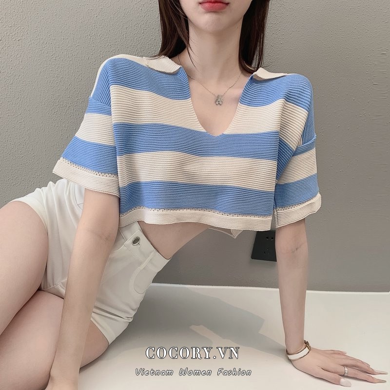 Cocory vn Áo croptop cổ chữ V dệt kim họa tiết kẻ sọc trẻ trung xinh xắn cho nữ