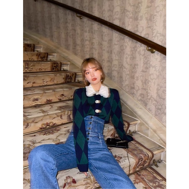 Áo cardigan dài tay hoạ tiết quả trám TRIỆU LỘ TƯ phong cách vintage SAM SAM BOUTIQUE