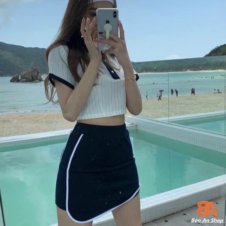 Chân váy nữ có quần kiểu thể thao chất vải thun Borip phối viền nổi