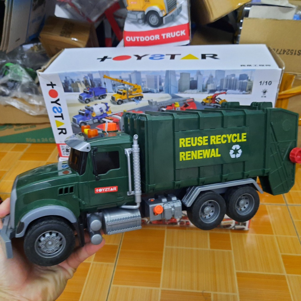 Xe ô tô chở rác đồ chơi trẻ em mô hình xe cỡ lớn có âm thanh và đèn kèm 3 thùng rác  hãng Toystar