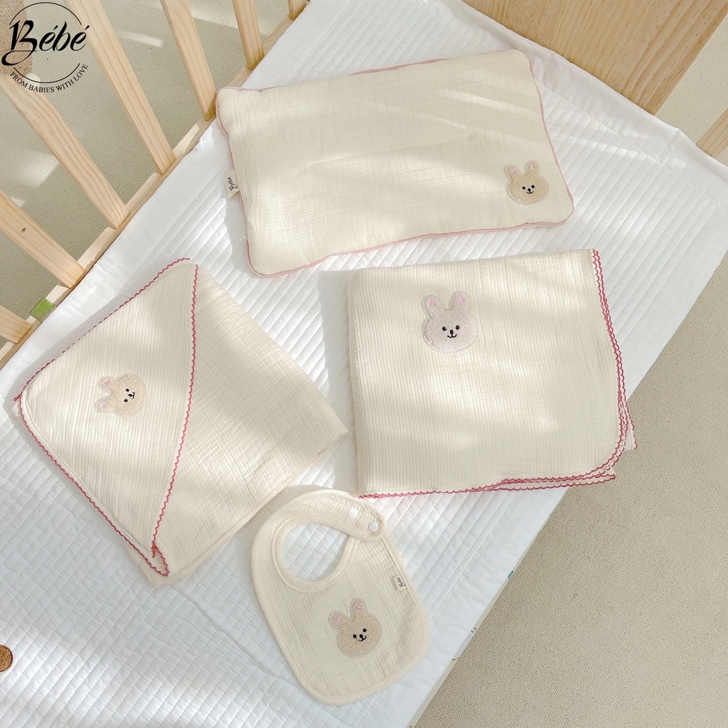 BéBé - Set Bộ Chăn, Gối Đầu, Chăn Ủ Viền Zigzag Họa Tiết Mặt Thỏ Cho Bé