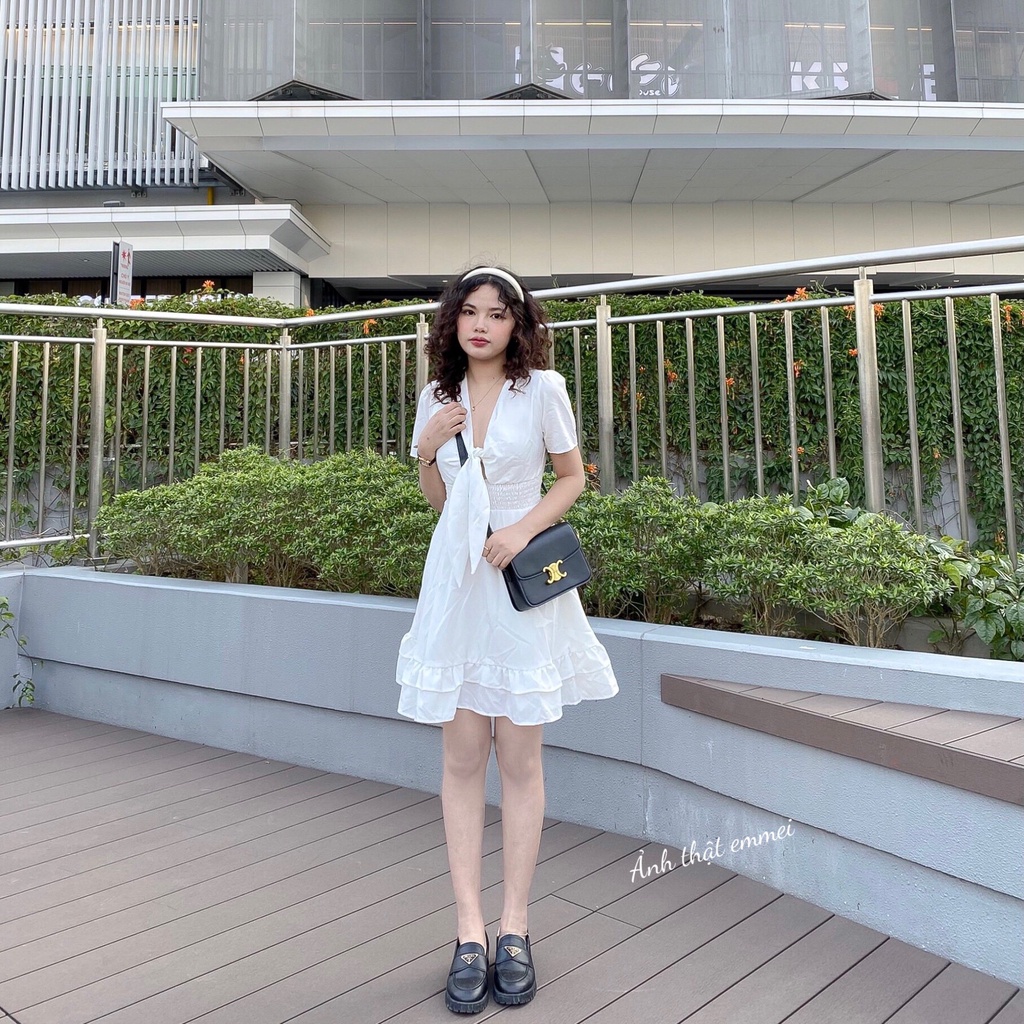 Đầm trắng tầng dáng xoẻ, váy thắt nơ bánh bèo tiểu thư emmei - v109 | BigBuy360 - bigbuy360.vn