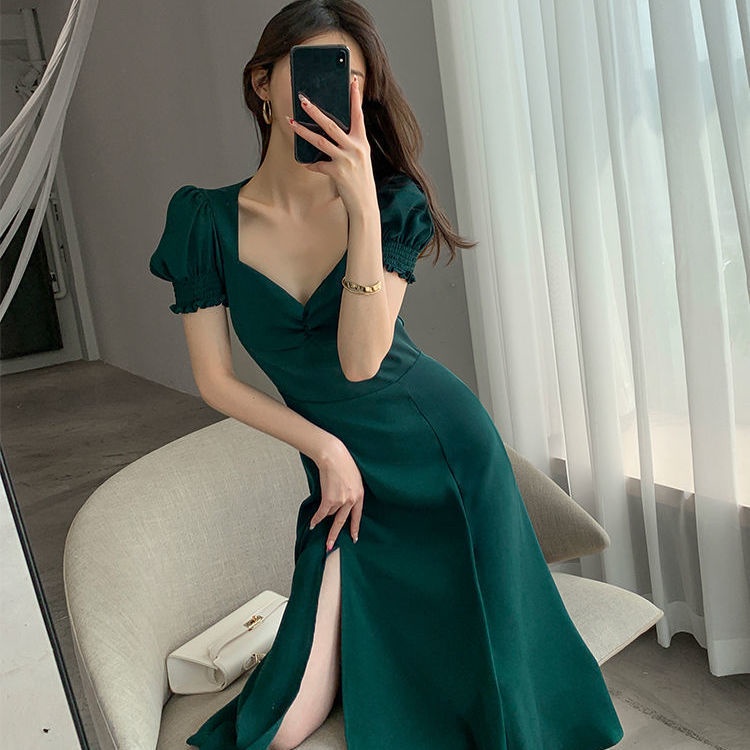 Đầm chữ A cổ vuông tay phồng màu xanh lá cây phong cách Pháp retro thời trang mùa hè mới