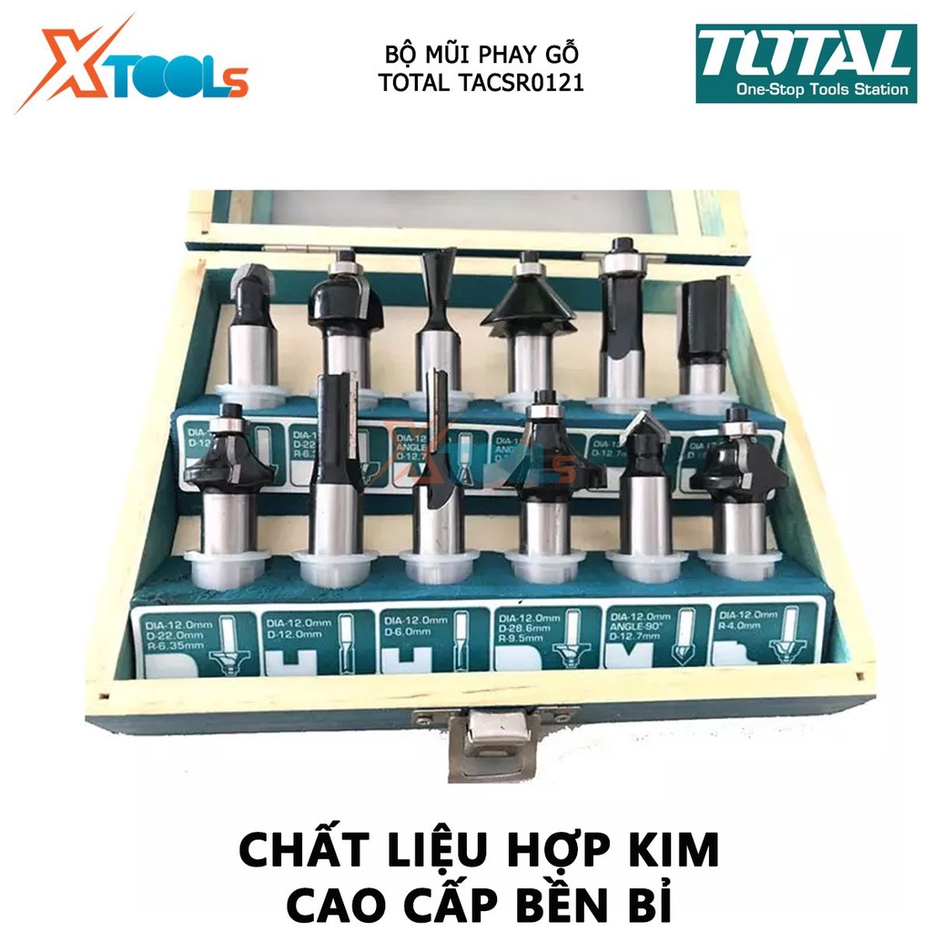Bộ mũi phay gỗ TOTAL bộ mũi phay soi gỗ Đường kính mũi từ  6mm- 12mm, trọng lượng 1kg, tạo rãnh và bậc, bề mặt định hình