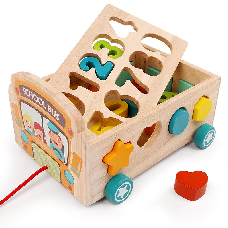[GỖ TỰ NHIÊN 100%] Đồ chơi xe bus kéo thả hình khối và số bằng gỗ cho bé