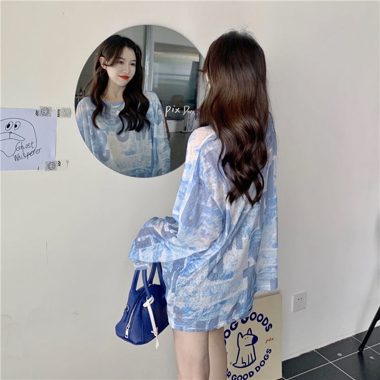 Spot sale tie-dye long-sleeved T-shirt women's clothing design niche sense of summer 2021 new sunscreen blouse loose upper clothes ins tide