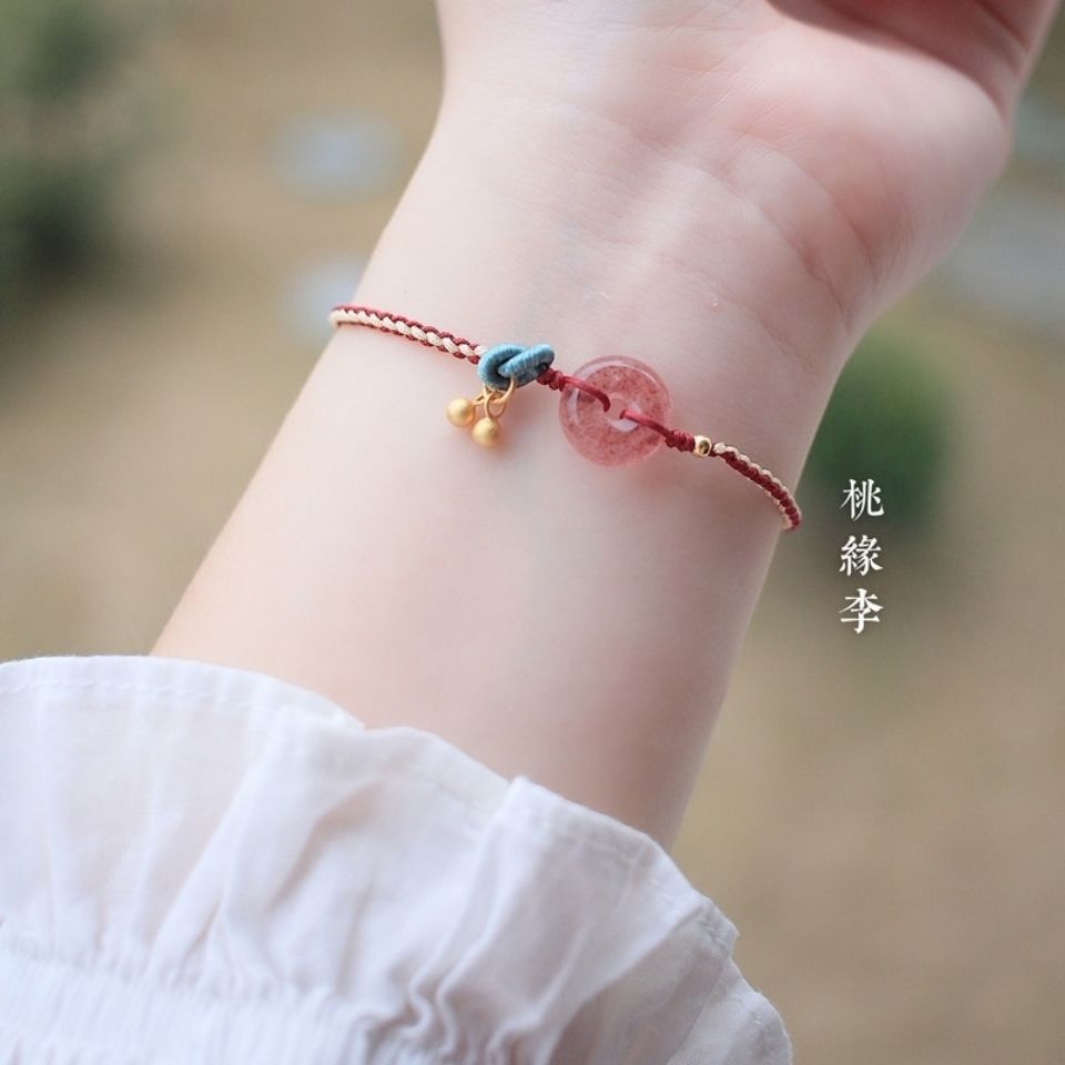 [New Summer] strawberry Crystal natural safety buckle bracelet hand-woven lucky hand color matching ins female trendy gift peach blossom