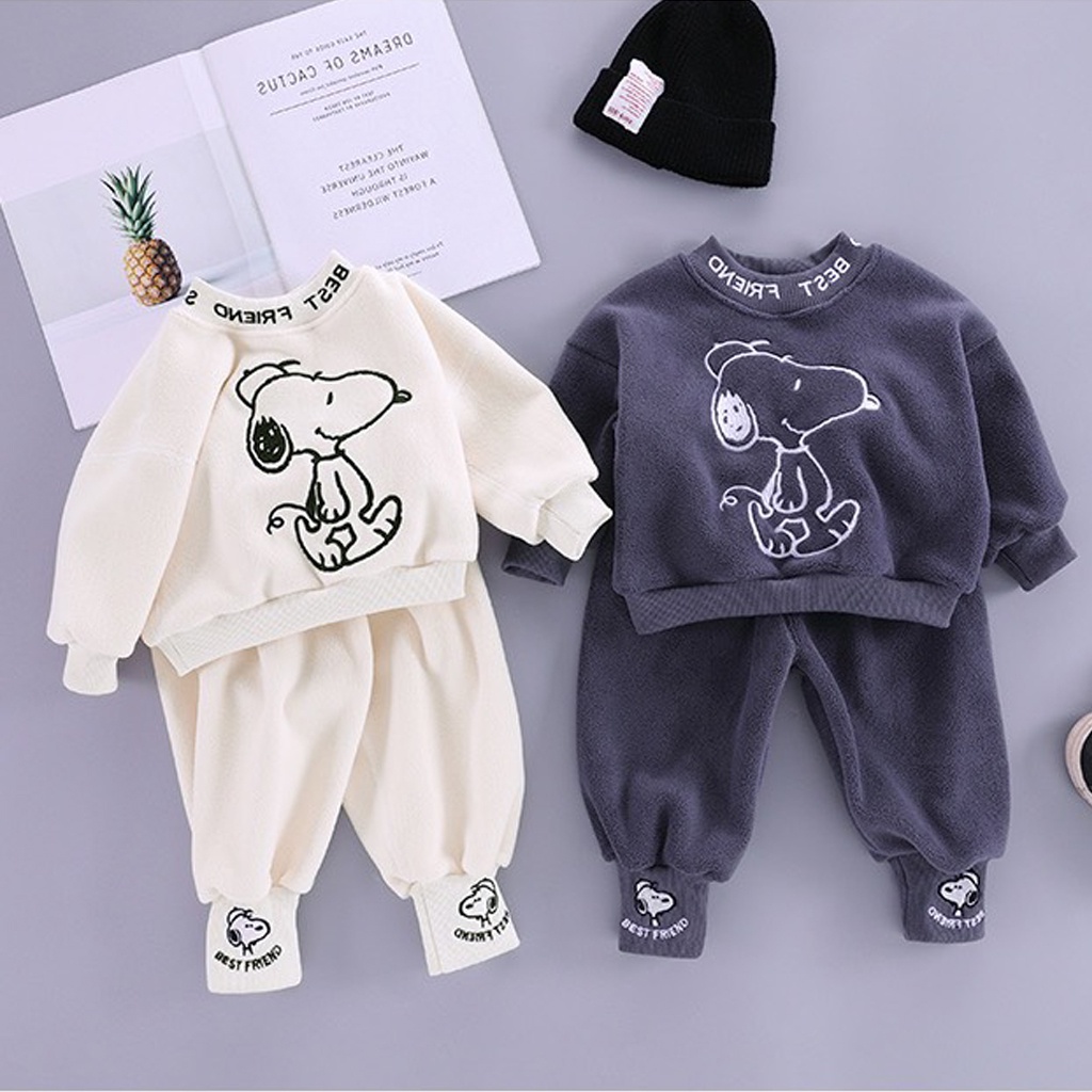 Bộ Nỉ Bông Cho Bé Trai Bé Gái, Bộ Nỉ Bông Thêu Hình Chú Chó Đáng Yêu Cho Bé Từ 7 - 27kg - Lila Kids