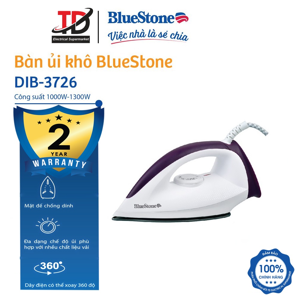 Bàn ủi khô Bluestone DIB-3726 công suất 1300W giúp ủi đồ nhanh thẳng tiết kiệm thời gian