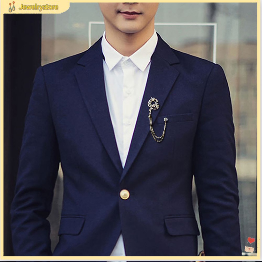 Ghim cài áo hình rồng đính đá phối dây xích phong cách Trung Hoa