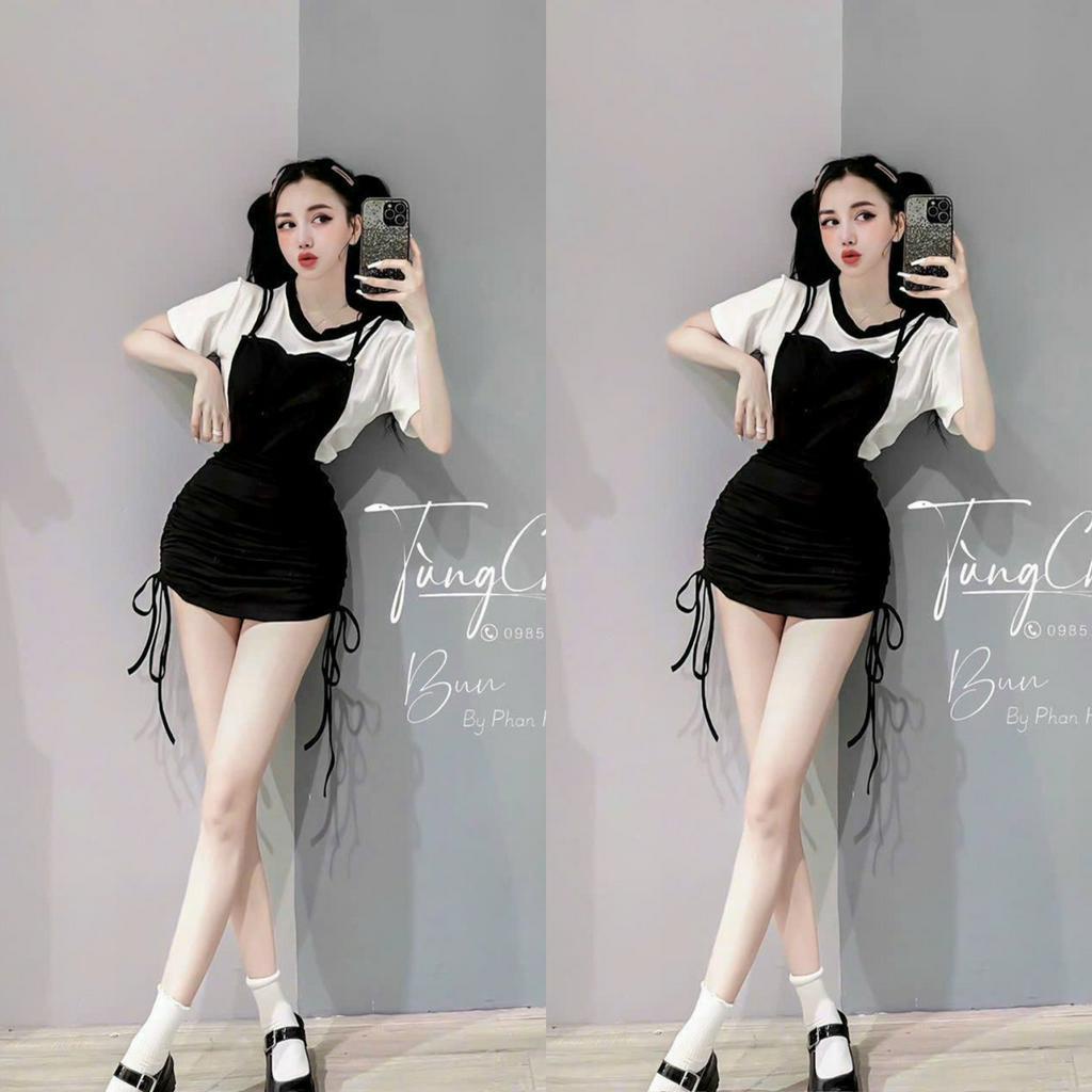 Sét bộ đồ nữ áo cộc tay trắng trẻ trung nhí nhảnh mix yếm ôm body tôn dáng cá tính đi chơi dự tiệc