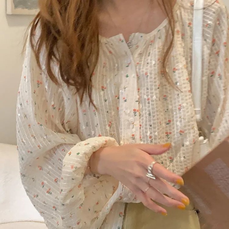 Áo Sơ Mi Chiffon Tay Dài Dáng Rộng Họa Tiết Hoa Phong Cách Hàn Quốc