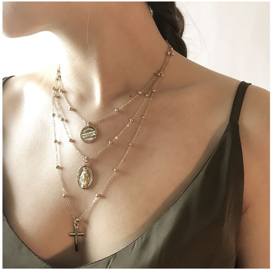 [Mã FAMAYFA2 giảm 10K đơn 50K] Vòng cổ choker 3 tầng thánh giá màu vàng và bạc - đi tiệc