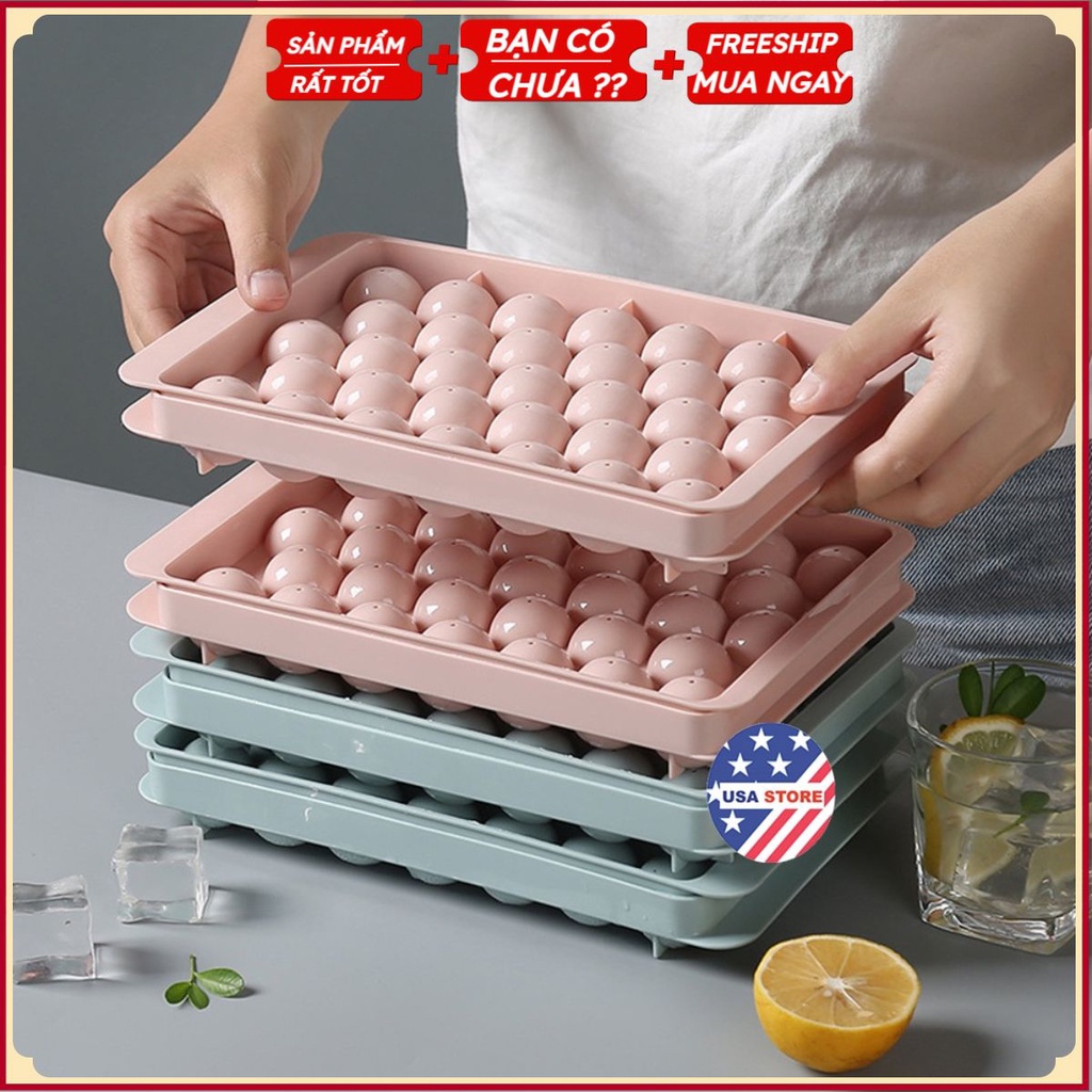 Khay Đá, Khuôn Đá, Khuôn Làm Thạch Vỉ 33 Viên Dang Tròn Có Nắp Đậy An Toàn Tiện Lợi - Khuôn tròn Cao Cấp
