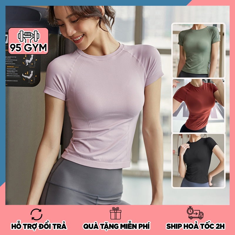 Áo tập gym yoga nữ AC13 dáng áo thể thao ngắn tay chất vải dệt ôm body tôn dáng co giãn 4 chiều