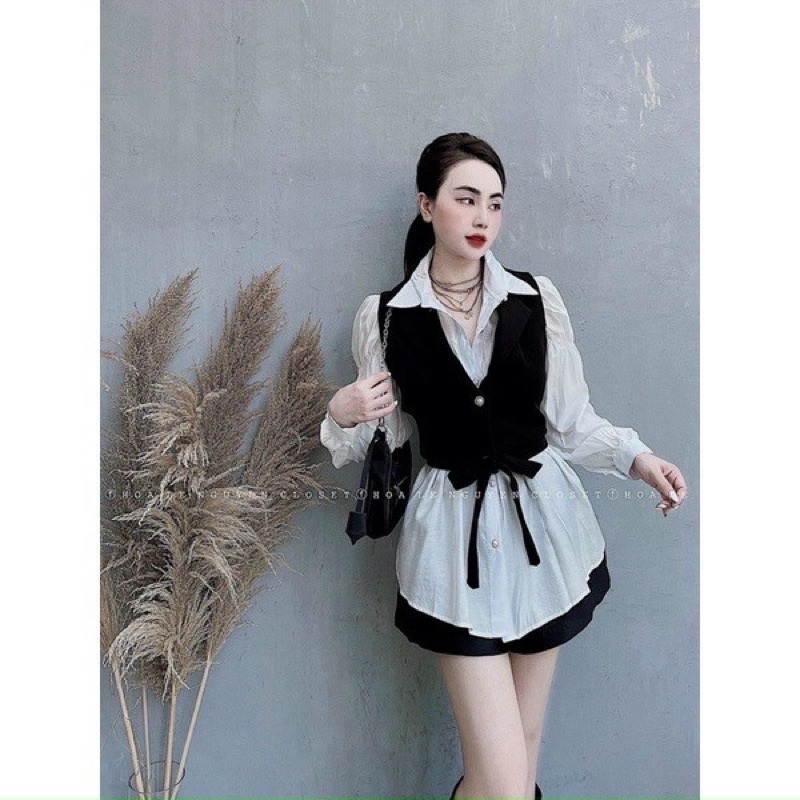 SET ÁO KHOÁC VEST SÁT NÁCH CỘT NƠ + ÁO SƠ MI VOAN FORM DÀI - T4U084