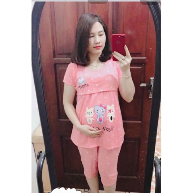 Bộ bầu lửng và sau sinh cotton Mẫu lật vạt thuận tiện cho bé ti