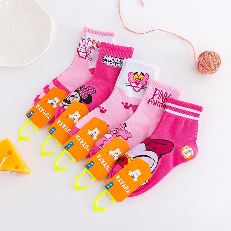 DISNEY Bộ 5 Đôi Vớ Cotton Chống Trượt In Hình Chuột Mickey Minnie Dễ Thương Cho Bé Gái