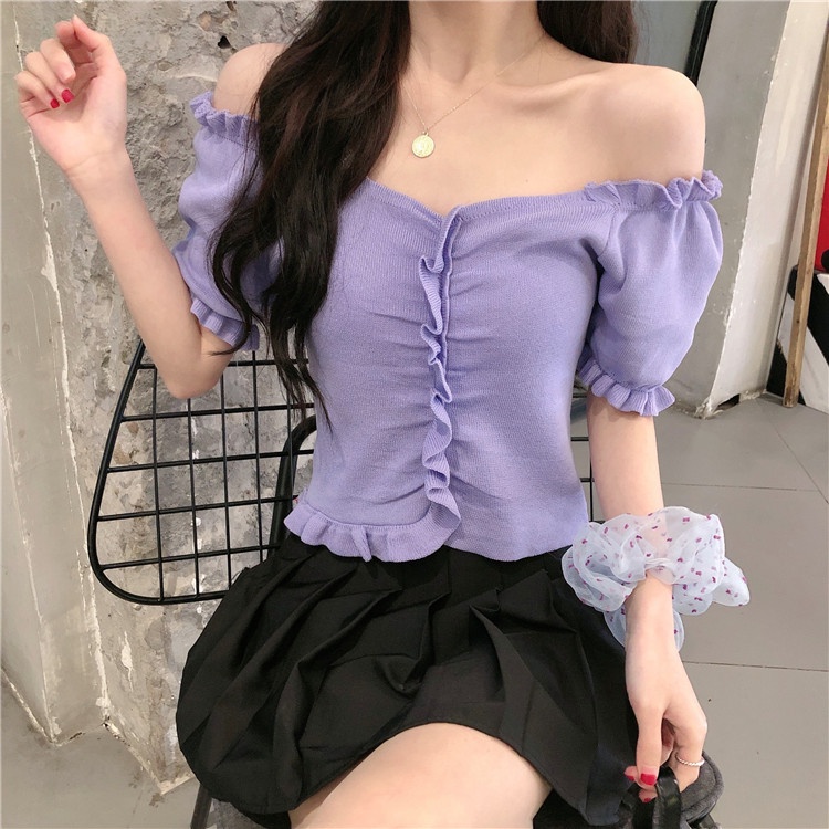 Porozi  Áo dệt kim  tay ngắn cổ chữ V 7 màu tùy chọn phong cách thời trang Hàn Quốc cho nữ